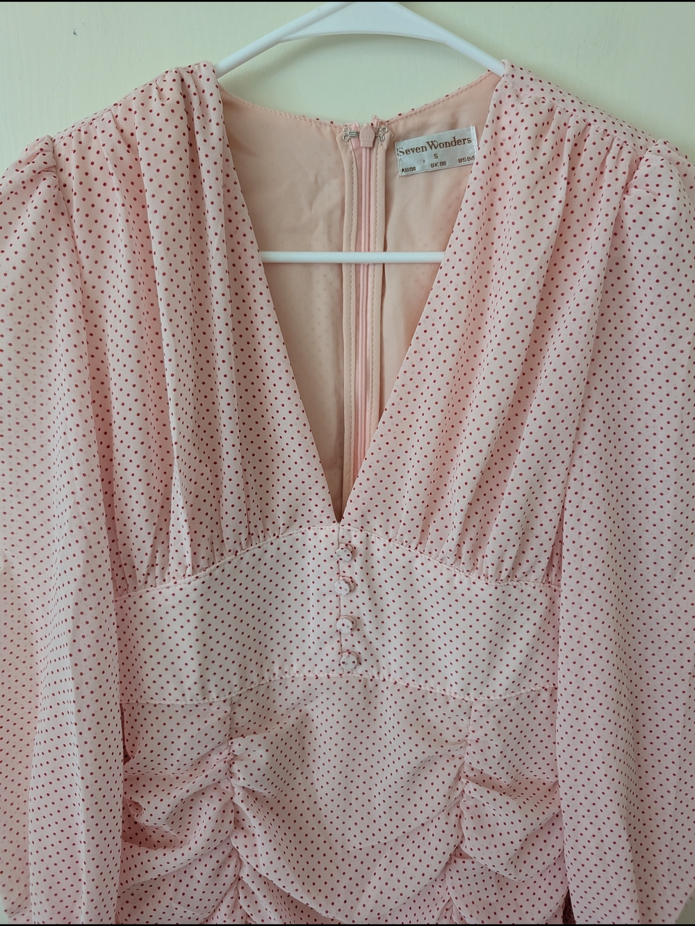 Seven Wonders Womens 4 Ruched Polka Dot Pink Mini Dress Coquette Cottage Party - Picture 3 of 7